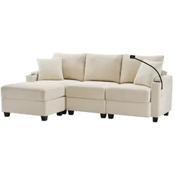L-förmiges Ecksofa mit USB-Ladeanschluss, Stauraum, Cordstoff, modernes Wohnzimmer Sofa 213x139x87 Beige