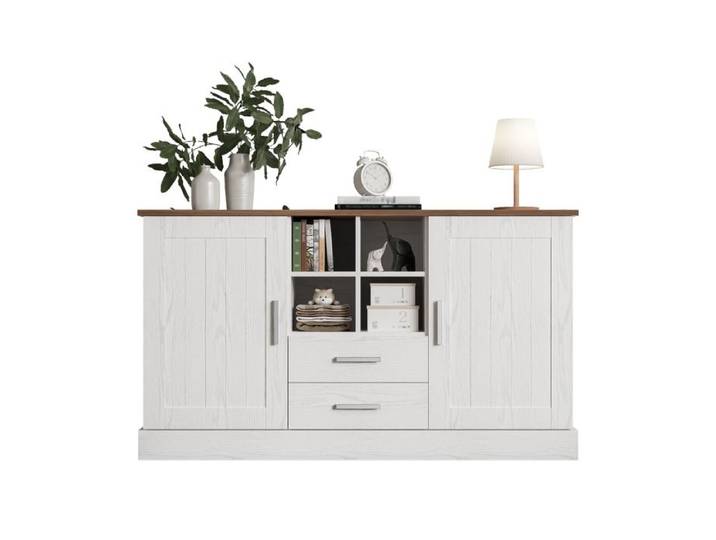 Buffet bas - SOGEU - 140 x 40 x 79 5 cm - 2 portes 2 tiroirs - Finition grain de bois brun - Blanc