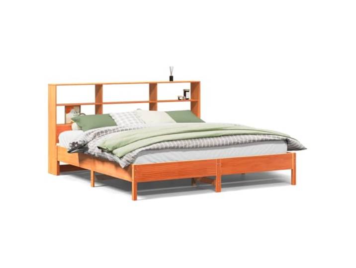 PUGYNBK Bett mit Regal, Massivholz, Braun, 200 x 200 cm Kopfteil mit Regal, Lattenrost im Lieferumfang enthalten, ohne Matratze, für Schlafzimmer