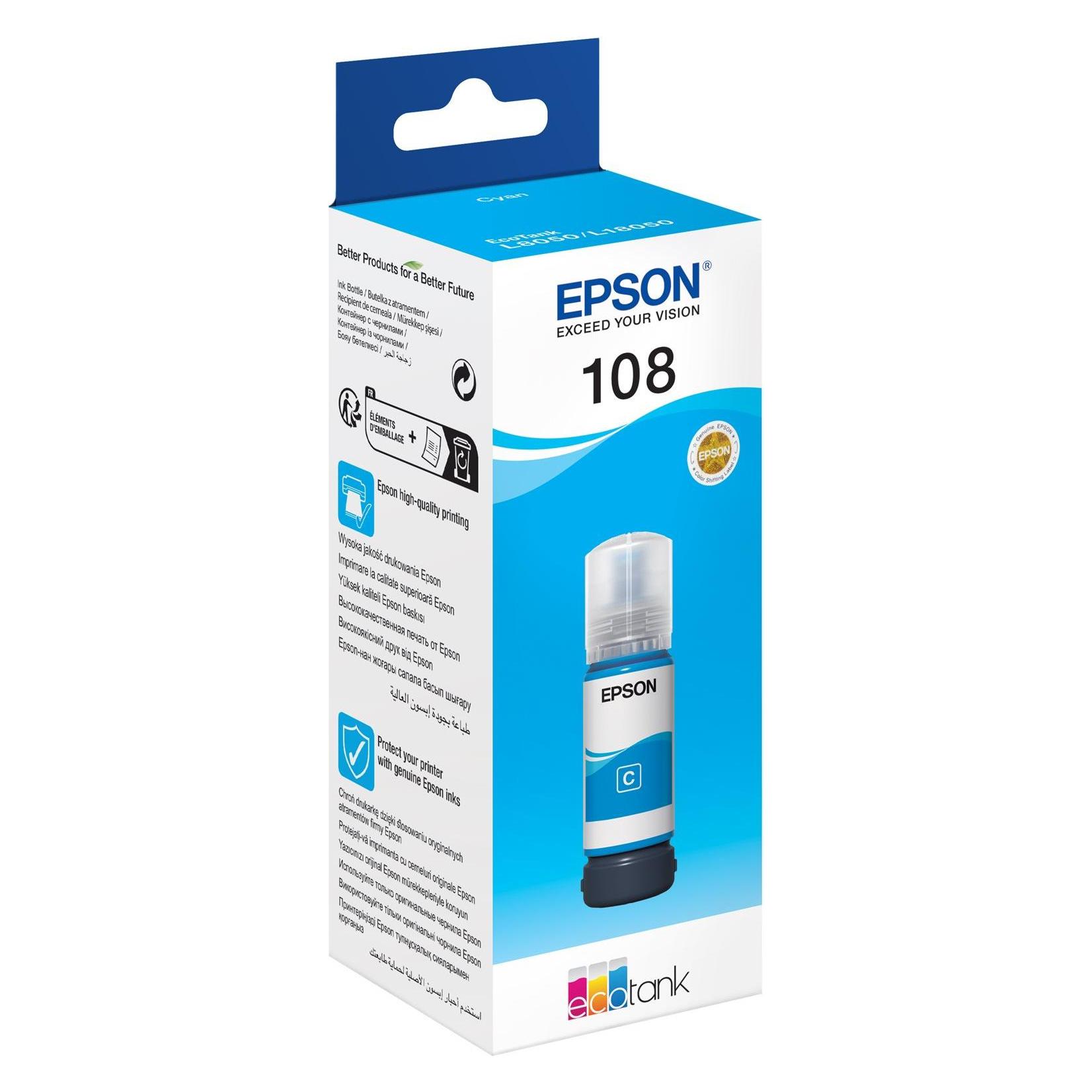 Epson 108 EcoTank Cyan Ink Bottle, 108 EcoTank (C13T09C24A)