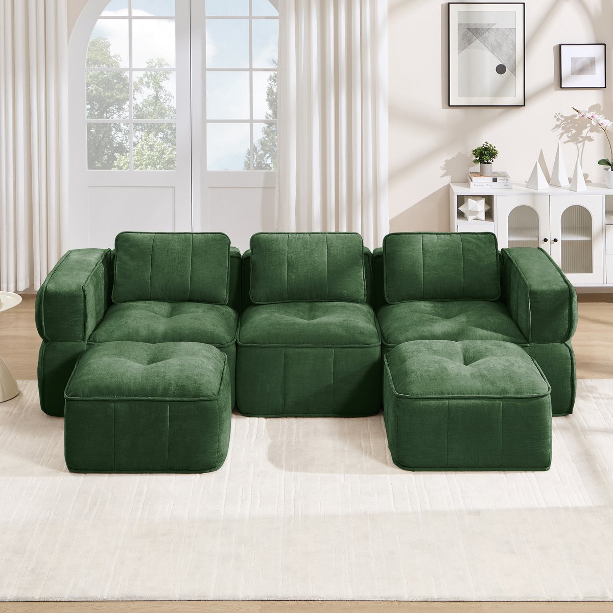 Pugsdrly 3-zits U-vormige modulaire bank met 2 poefs, groen