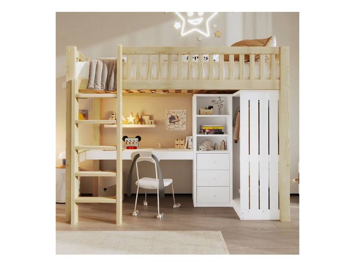 Ulife Hochbett Hochbett mit Schreibtisch, Schrank & Schubladen (Natur)