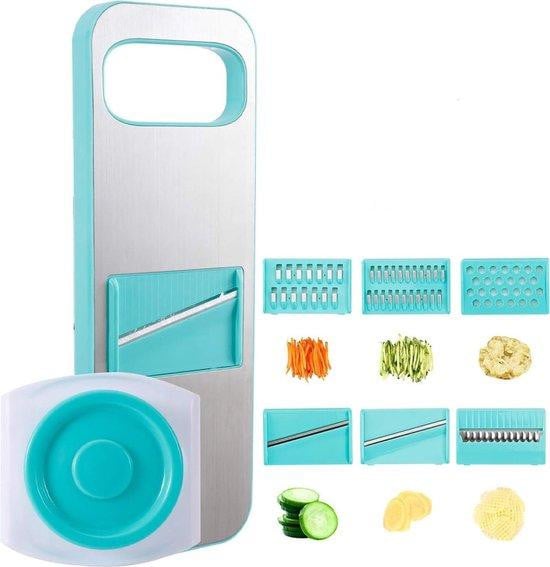 Blauwe multifunctionele mandoline snijmachine met 8 snijbladen en vingerscherm van plastic