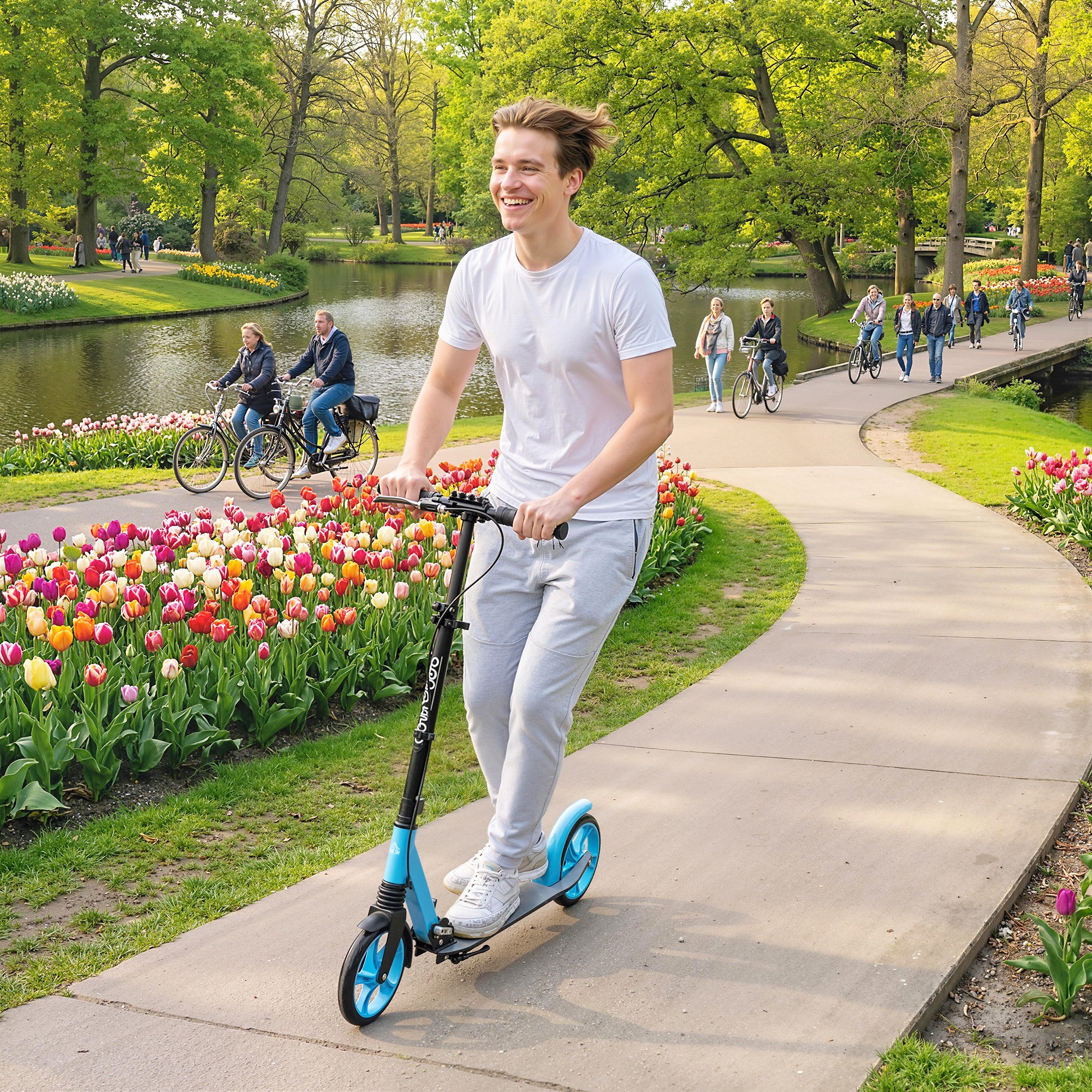 Homcom Monopattino Adulto Pieghevole con Manubri Regolabili, in Alluminio, Ruote Grandi di 200 mm, Ammortizzatore, Doppio Freno, Portata 100 kg, Blu   Aosom Italy