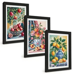 BILDER SET 3er Set - 20x30 cm Schwarzer Rahmen - Blumen und Früchte in Vasen
