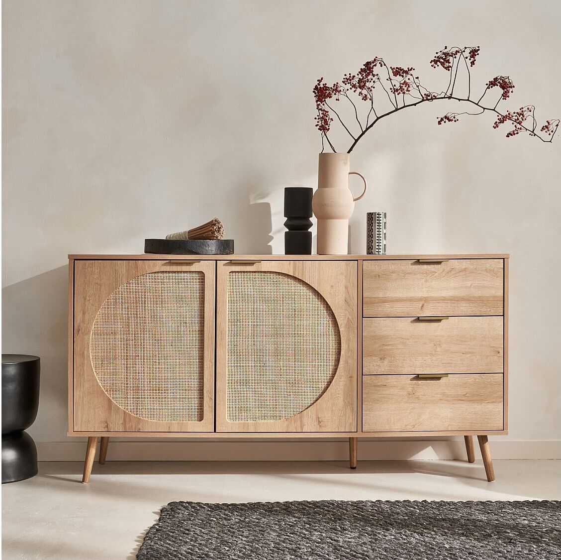 Sweeek Aparador efecto madera con 2 puertas y 3 cajones, 150cm natural
