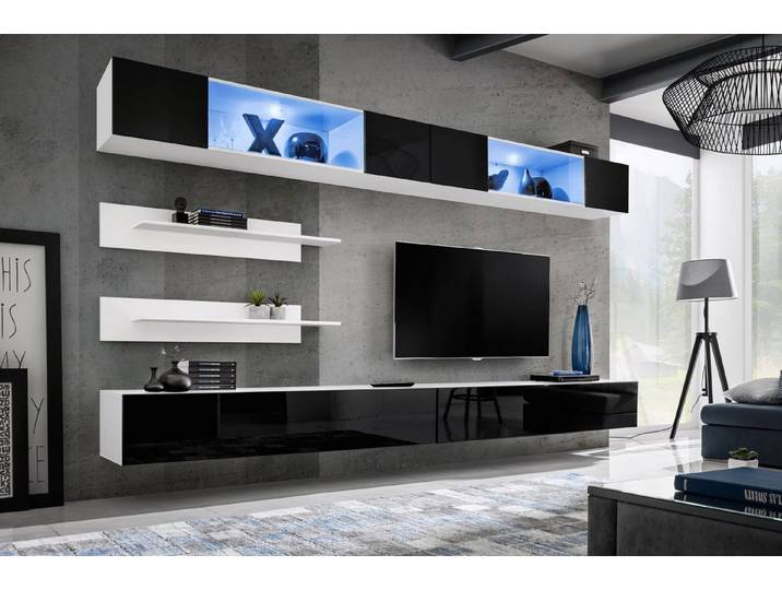 ASM-Moebel Wohnwand Wohnwand FLY I3 Hochglanz Push-Click System und Led Beleuchtung, Led Beleuchtung, Push-Click System und Hochglanzfronten