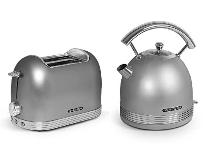SCHNEIDER Retro Line Frühstück-Set Silber, Toaster & Wasserkocher, 1,7 Liter, 360° Sockel & Überhitzungsschutz, Zwei Schlitz Toaster mit 6 Bräunungsstufen & Krümelschale