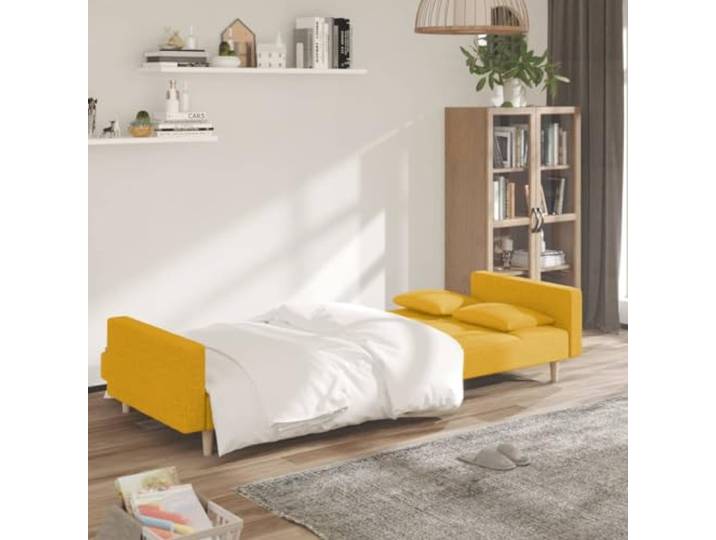 KTHLBRH Schlafsofa 2-Sitzer gelb mit 2 Kissen Stoff aus 100 % Polyester, Holzstruktur, wandelbar, Traglast 110 kg, für Wohnzimmer
