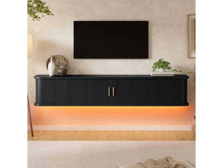 Meuble TV Suspendu 175cm avec LED Noir Meuble Salon Moderne 2 Portes Coulissantes Verticales Tiroir étagères 175x30x30cm