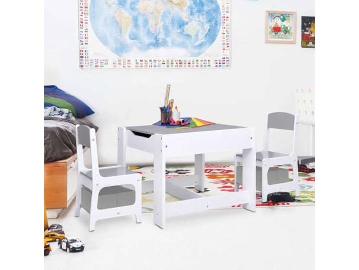 WXGTBKPR Kindertisch mit 2 Stühlen Set MDF - Weißer Maltisch & Spieltisch Abgerundete Ecken, Doppelseitige Whiteboard-Tischplatte, Vielseitiger Stauraum