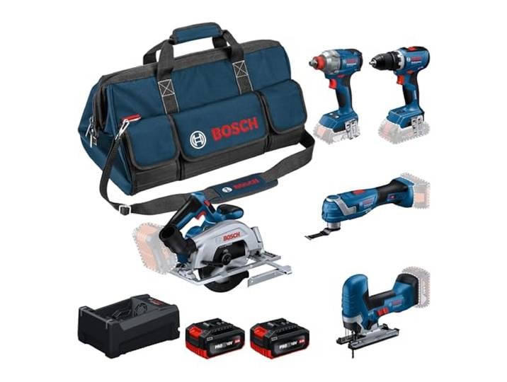 Bosch PRO 18V System Combo-Kit: GSR 18V-65\, GDX 18V-285\, GKS 18V-57\, GOP 18V-34\, GST 18V-125 S\, 2x GBA 5.0Ah\, GAL 12V-18V-80\, L-BAG