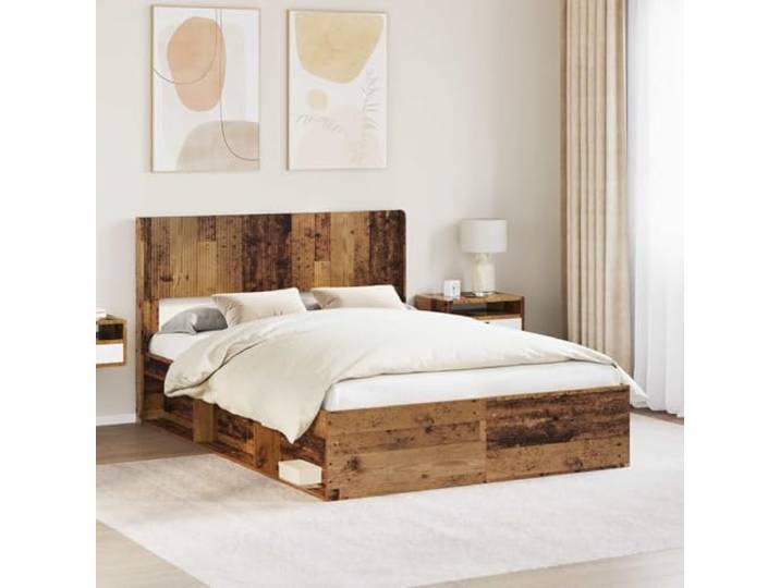 RJPLMFV Bettgestell mit Stauraum und Kopfteil aus antikem Holz Holz aus Holz, Lattenrost, ohne Lattenrost, Schwammpflege, einfache Montage