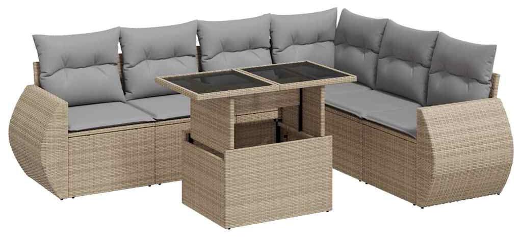 Loungeset, 7-teilig, Beige, aus Poly-Rattan - 7 Sitzplätze - mit Kissen - für Garten und Terrasse