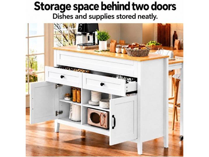 ROVRYN Îlot central de cuisine 120 cm avec table coulissante 2 tiroirs rangements MDF blanc