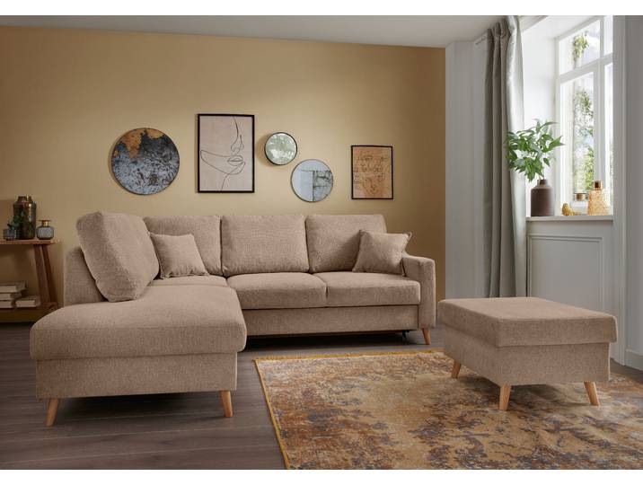 Ecksofa mit Ottomane & Funktion Braun Webstoff Jimin 230 x 94 x 200cm Ottomane davorstehend links mit Schlaffunktion Modern