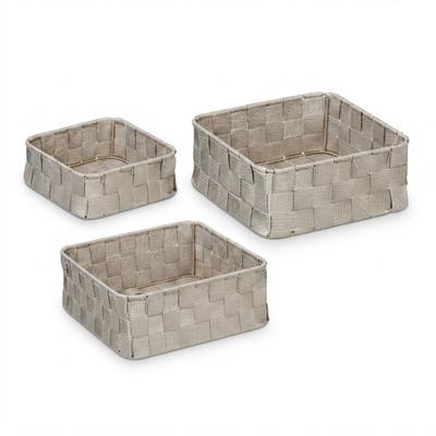 Relaxdays Aufbewahrungskorb 3er Set, Körbchen in 3 Größen, geflochten, Kunststoff, Metallrahmen, Körbe Badezimmer, grau