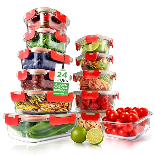 NutriChef Set van 12 Glazen Voedselbewaarcontainers met Luchtdichte Deksels voor Maaltijdvoorbereiding