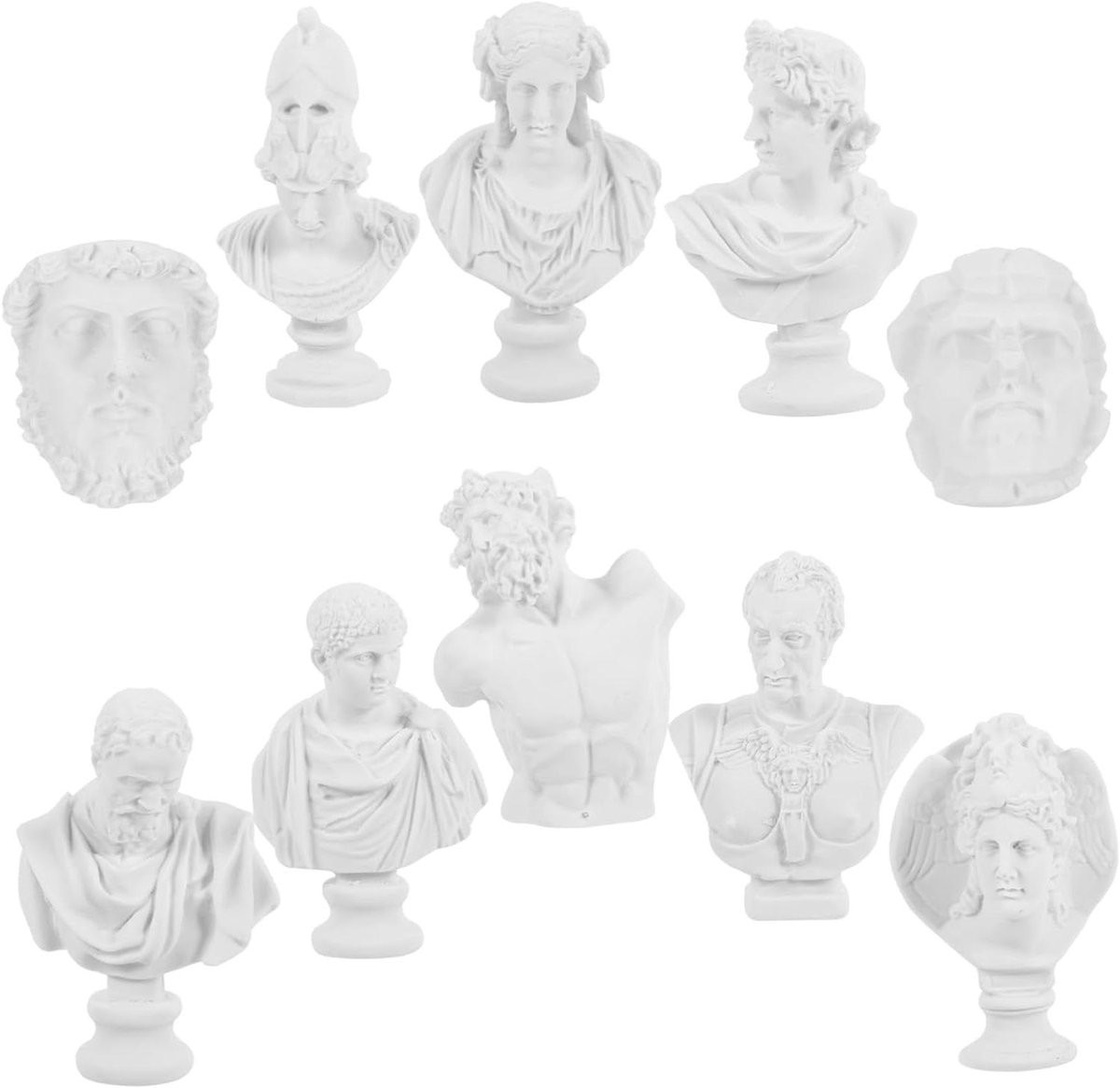 Set van 10 witte mini buste beeldjes van gips voor desktop decoratie