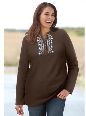 Plus Size Women's Embroidered Thermal Henley Tee by Woman Within in Chocolate Vine Embroidery (Size L) Long Underwear Top
