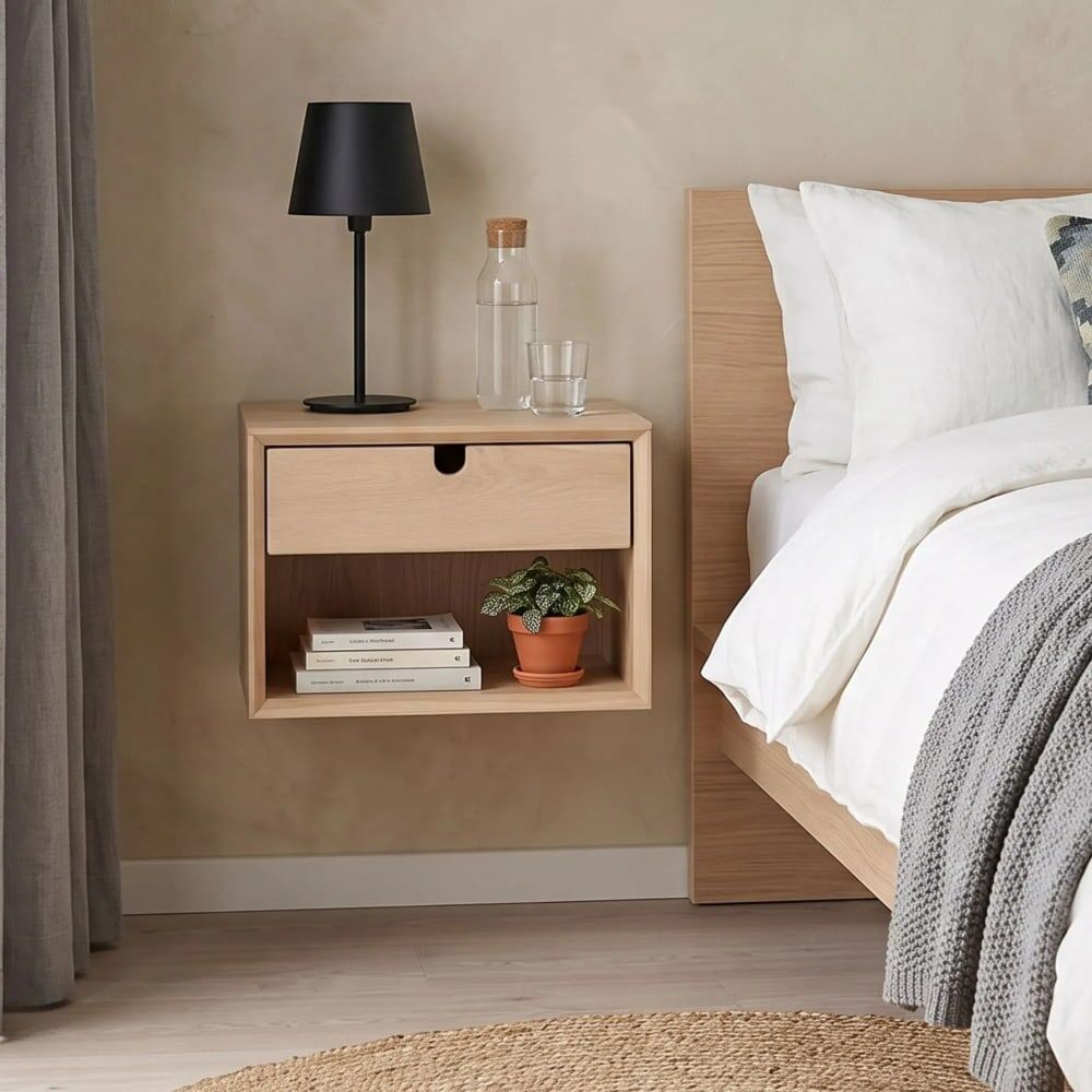 Hellin Chevet suspendu rectangulaire en finition bois 1 niche et 1 tiroir Marron 37x21x32cm