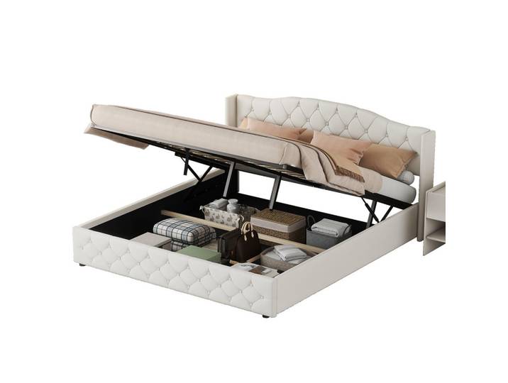 Flieks Flachbett 180x200cm Beige multifunktional Hydraulik Stauraum, Holz, 180x200 cm, Schlafzimmer, Betten