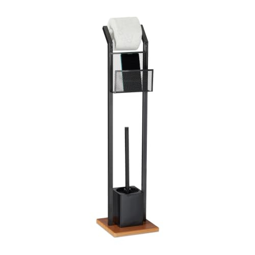 Relaxdays Toiletbutler met opbergruimte, toiletrolhouder en toiletborstel, zwart, Hoogte: 78 cm