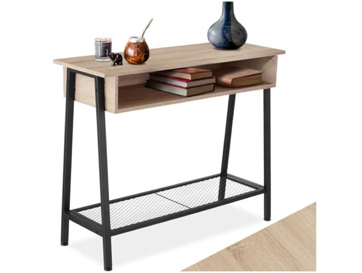 tectake Konsolentisch mit Staufach, Konsole, 100 x 35 x 80,5 cm, Holz Flurtisch Sideboard mit Gitterablage, Industrie-Design, schwarzes Metallgestell in Trapezform (Industrial Holz hell, Eiche Sonoma)