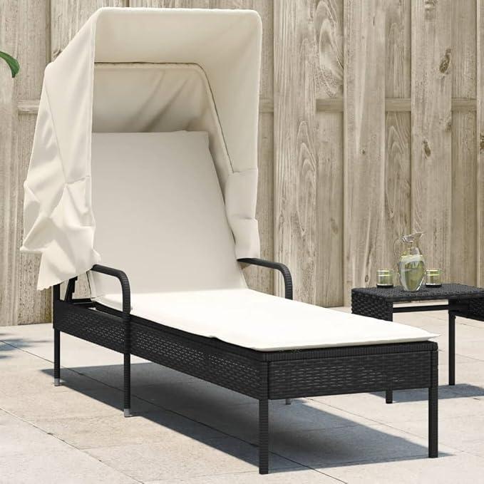 Sonnenliege Gartenliege mit Dach schwarz PE Rattan verstellbare Rückenlehne für Balkon Terrasse Pool Strand, inklusive Kissen bis 110 kg pro Sitz