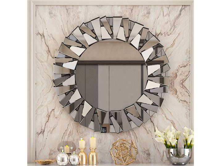 Miroir Mural Décoratif Unique en Verre Biseauté Argenté, Accessoire Rond de 800mm