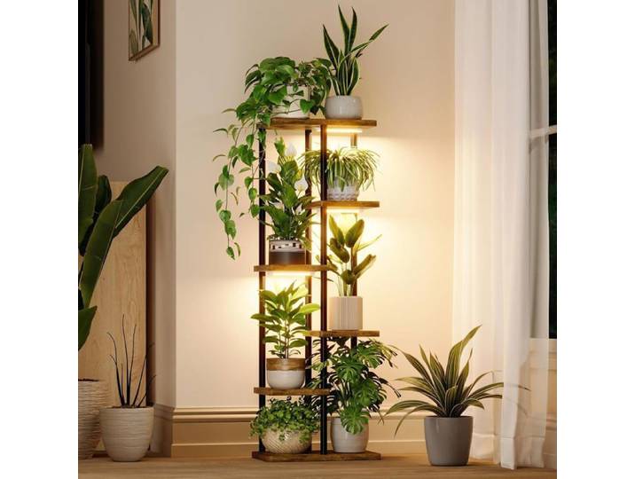Étagère d'angle pour plantes d'intérieur avec lampe de croissance à 6 niveaux en métal pour décoration de maison salon terrasse