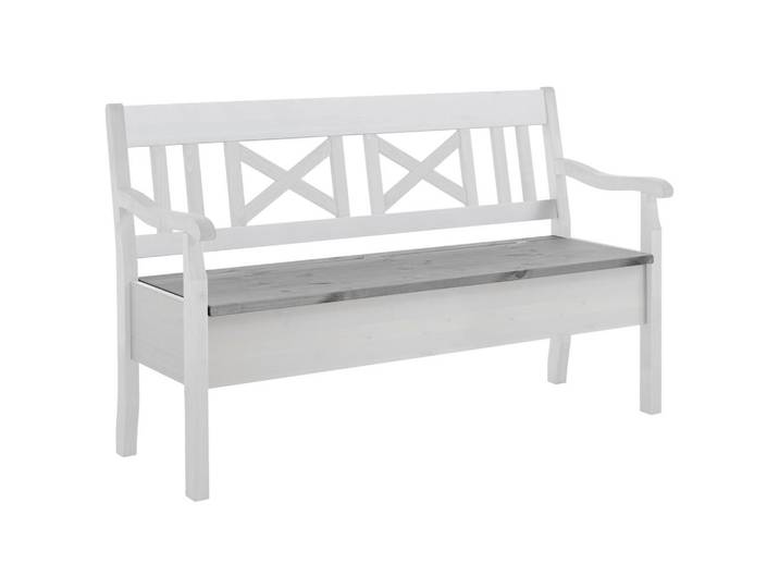 Boxxx Sitzbank, Grau, Weiß, Holz, Kiefer, massiv, 2-Sitzer, 148x93x58 cm, in verschiedenen Größen erhältlich, mit Rückenlehne, Holz-Dekoren Truhe im Sitz, Holzmöbel, Sitzgelegenheiten Holz, Holzbänke