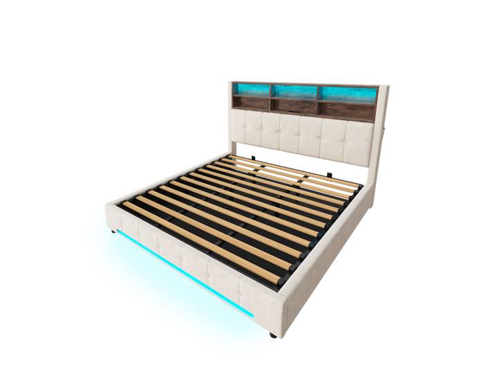 Lit Coffre 180x200 Cm En Velours Beige Avec Tête De Lit Multifonction\, Usb-c Et Led Homvra