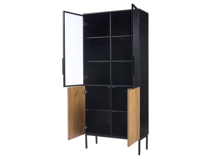 Vitrine 180x74x31cm Schwarz/Eiche, 4 Glastüren, LED, 10 Fächer 180x74x31 cm, Spanplatte mit Eicheoptik, 4 Glastüren, LED per App steuerbar, 10 Fächer, höhenverstellbare Regale