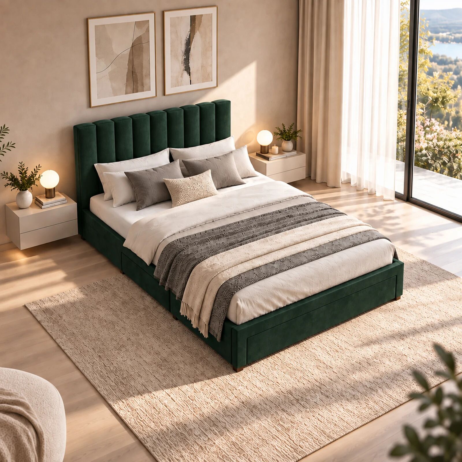 garneroarredamenti Letto matrimoniale 160x200cm imbottito con cassettoni verde Lux