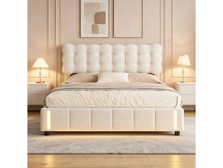 Lit 140x200 cm lit coffre 2 personnes éclairage nocturne automatique sommier inclus velours beige