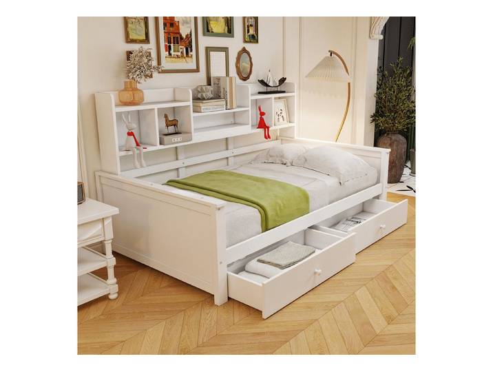 STILVORA Schlafsofa Kinderbett 90x200 mit Schubladen & Regale Massivholzbett ohne Matratze, integriertem Lattenrost, Schubladen und Regalen 90x200cm, ohne Matratze
