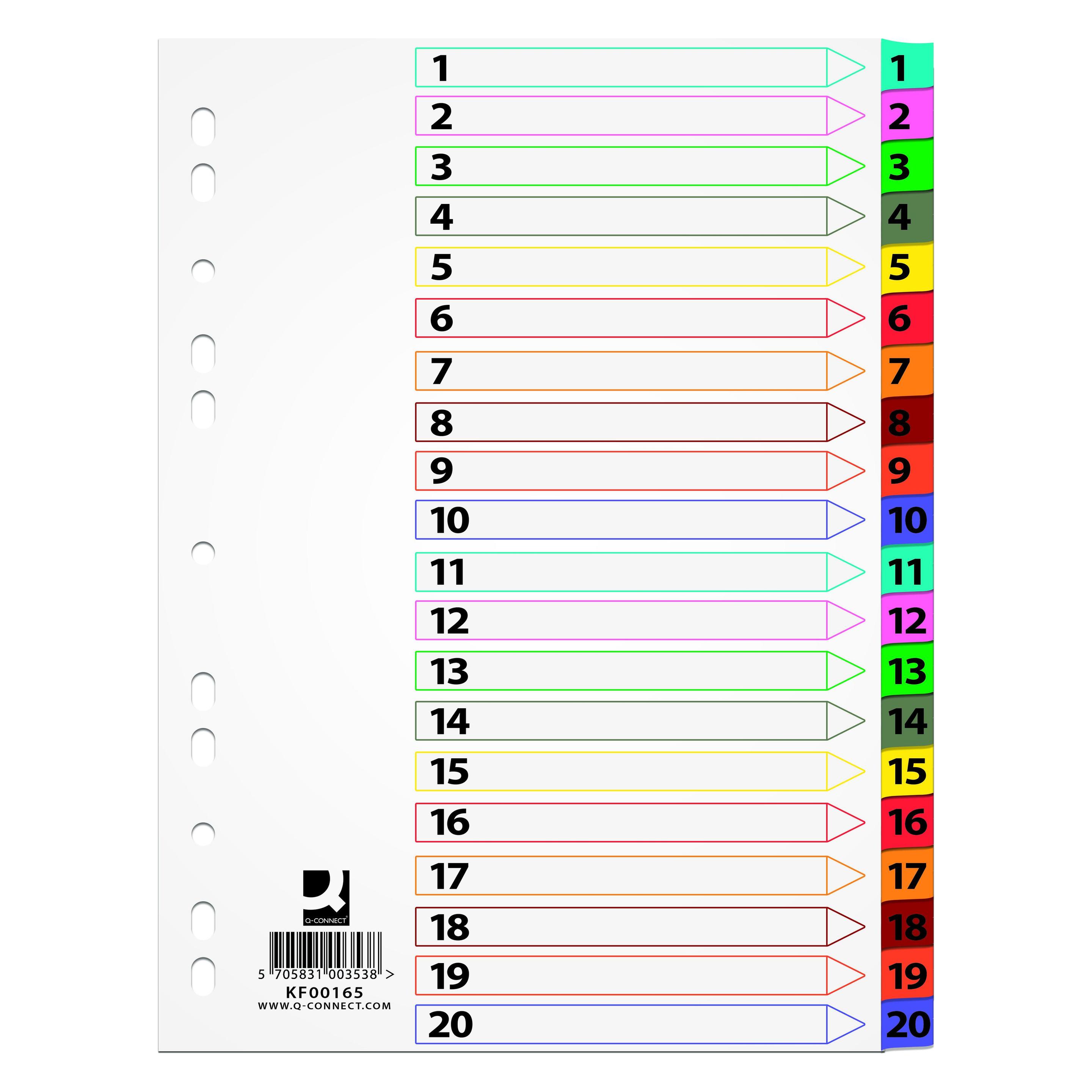 Q-Connect Mylar-Trennblätter, Karton, A4, 225 x 297 mm, 1-20, 20 Karten, laminiert. Index, Farbmischung (41378926)