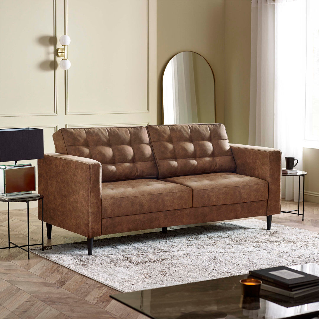 17 Stories Jodi Faux Leather Sofa - Upholstered Modern Retro Fabric Stylish & Contemporary Tan 3 Seater