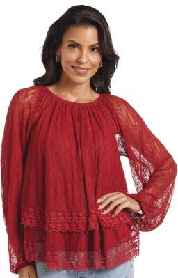 Masseys Tiered Lace Top Casual in Sun/Dried Tomato, Size Medium, Polyester/Spandex