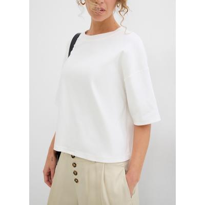 T-Shirt BONPRIX, Damen, Gr. 40/42 (M), weiß (wollweiß), Obermaterial: 100% Baumwolle, oversize, Shirts T-Shirt, Oversize-Style, mit Rundhalsausschnitt, aus Baumwolle