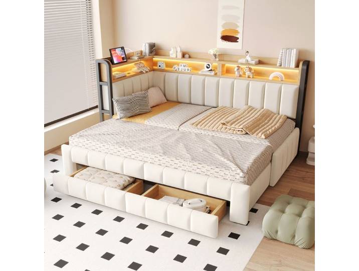 Lit gigogne 2x90x200 – Lit rembourré - Lit enfant avec rangements - 2 tiroirs - LED et USB/Type-C – Velours beige