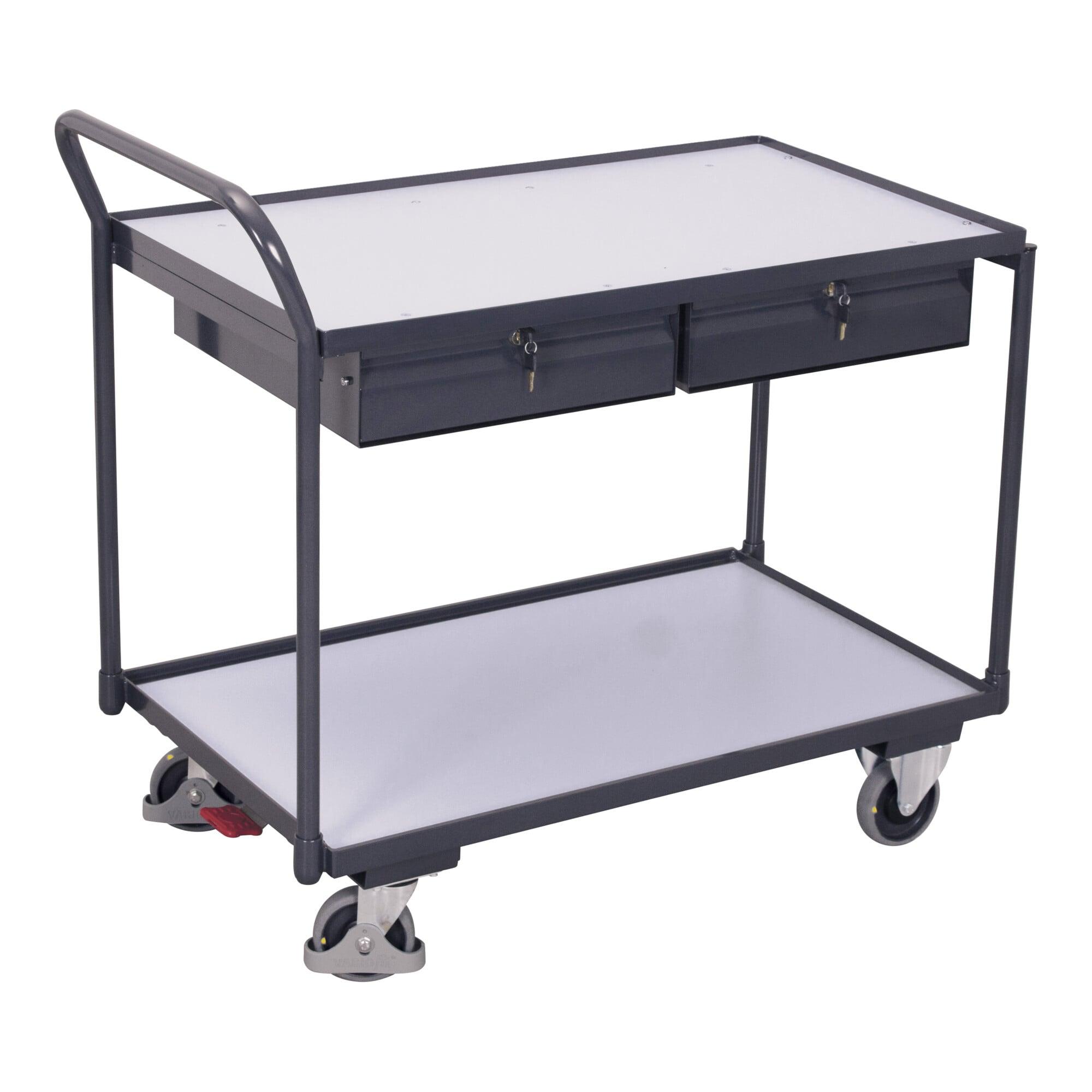 VARIOfit ESD Tischwagen mit 2 Ladeflächen und 2 Schubladen Schiebegriff nach oben gerichtet (sw-600.959)