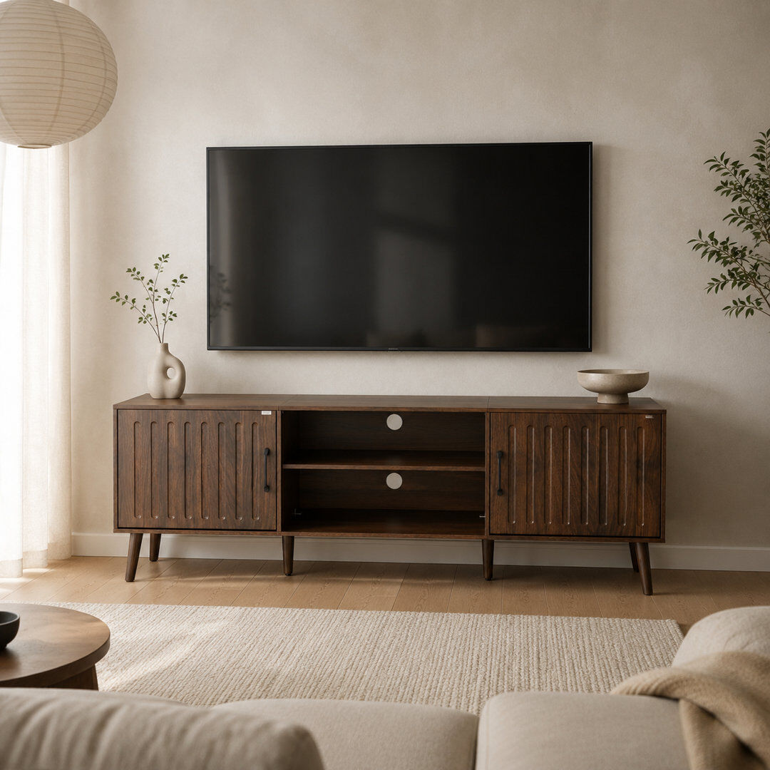 Homsee 160cm Walnut TV Cabinet with Sculpted Doors & Open Shelves - Media Console, 6 Legs Brown 58"