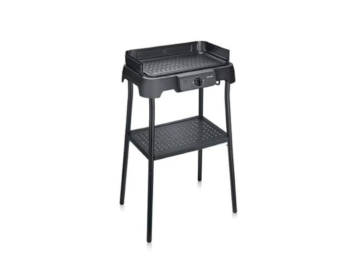 Severin Barbecue Électrique Sur Pied\, Céramique Sans PFAS\, 2000W Chauffe rapide jusqu'à 250°C en env. 8 min\, intérieur & extérieur\, pour balcon et terrasse\, 39x23cm\, noir\, 8596