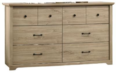 Benjara Lara Wide Dresser, 6 Drawer with Black Handles, Farmhouse Light Oak Brown