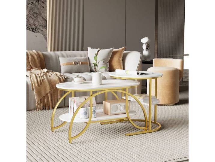 Table Basse - DREAMMESPACE - Gigone - Marbre Blanc - Pieds Dorés - 80x46x45cm