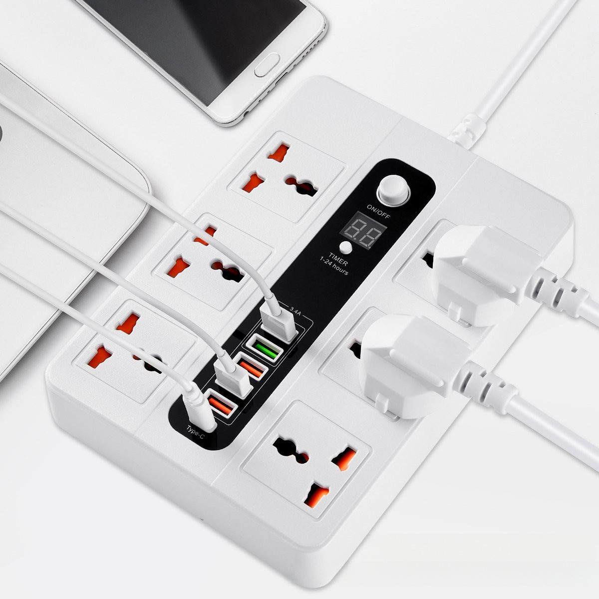 Witte uitbreidbare stekkerdoos met 20W USB-C snellader en timer stopcontacten