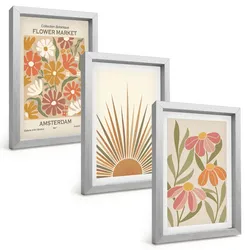 BILDER SET 3er Set - 20x30 cm Silberner Rahmen - Pastellfarbene Sonnenblumen