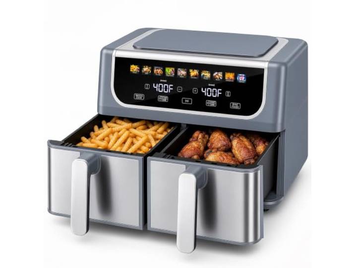 OLIXIS - Doppelte Luftfritteusen mit 2 Körben à 3,5 l Unversenkte Temperaturregelung 80-400 °F, knusprige Keramikplatte, Synchronisationseinstellung